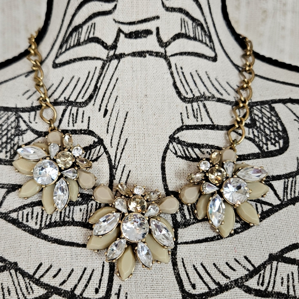 J Crew Art Deco Taupe Gold Statement Necklace 2010s